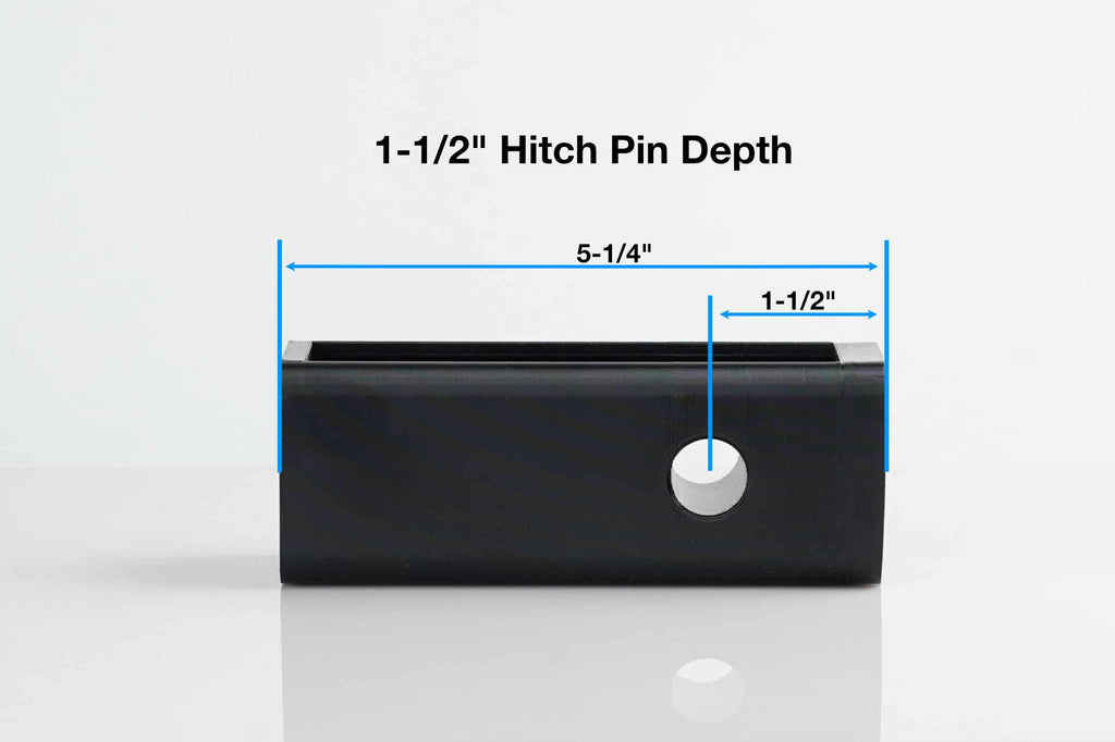 Side view of the hitch stash with dimensions showing how the hitch pin cavity is positioned 1-1/2 inches from the front of the stash.