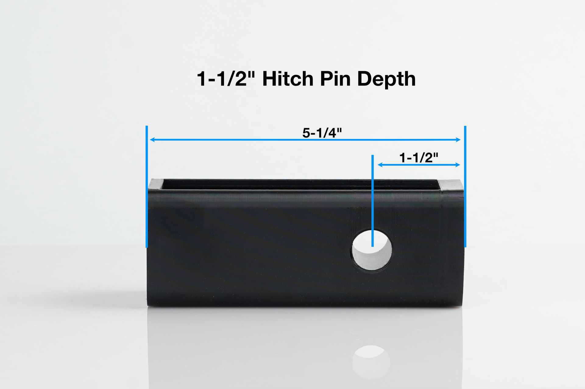 Side view of the hitch stash with dimensions showing how the hitch pin cavity is positioned 1-1/2 inches from the front of the stash.