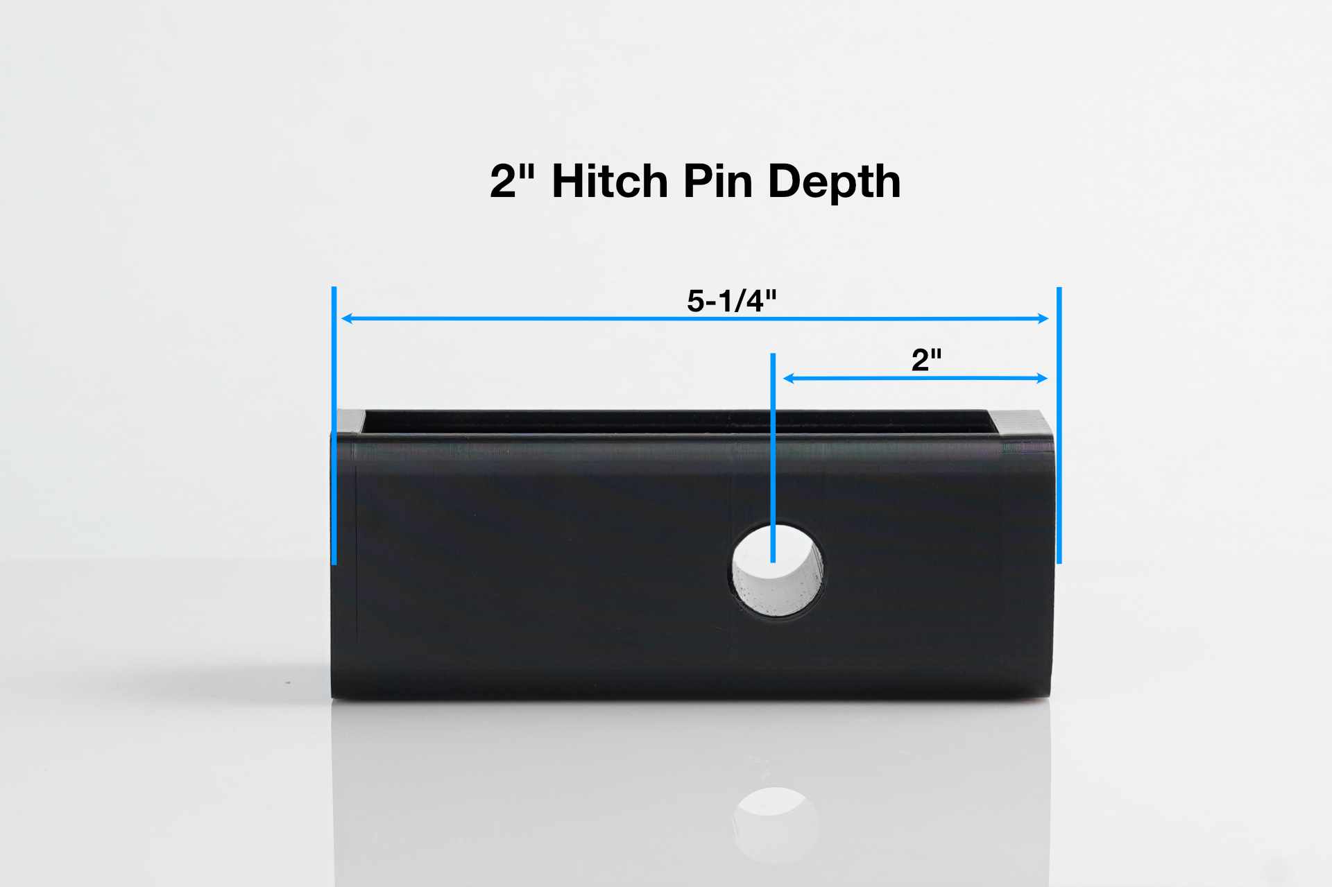 Side view of the hitch stash with dimensions showing how the hitch pin cavity is positioned 2 inches from the front of the stash.